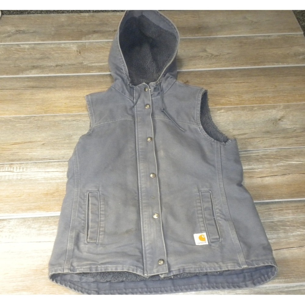 Carhartt Sandstone Berkley Vest II Womens M Gray Hooded Duck Canvas Sherpa Lined